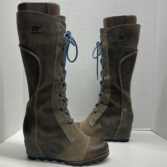 Sorel Cate The Great Wedge Boots Tall Lace Up Waterproof Leather Boot SIze 8 - Picture 1 of 9